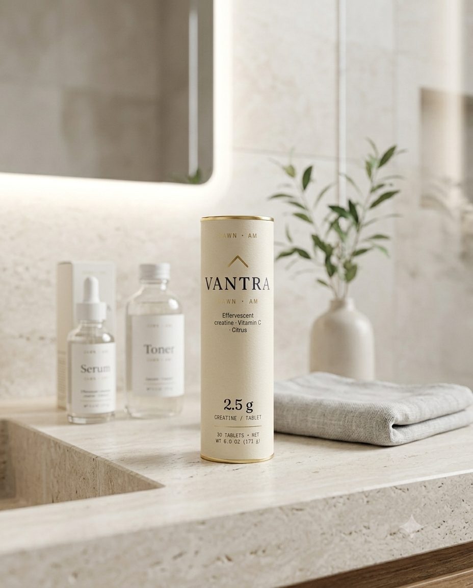 Vantra creatine on a bathroom vanity as part of a morning routine