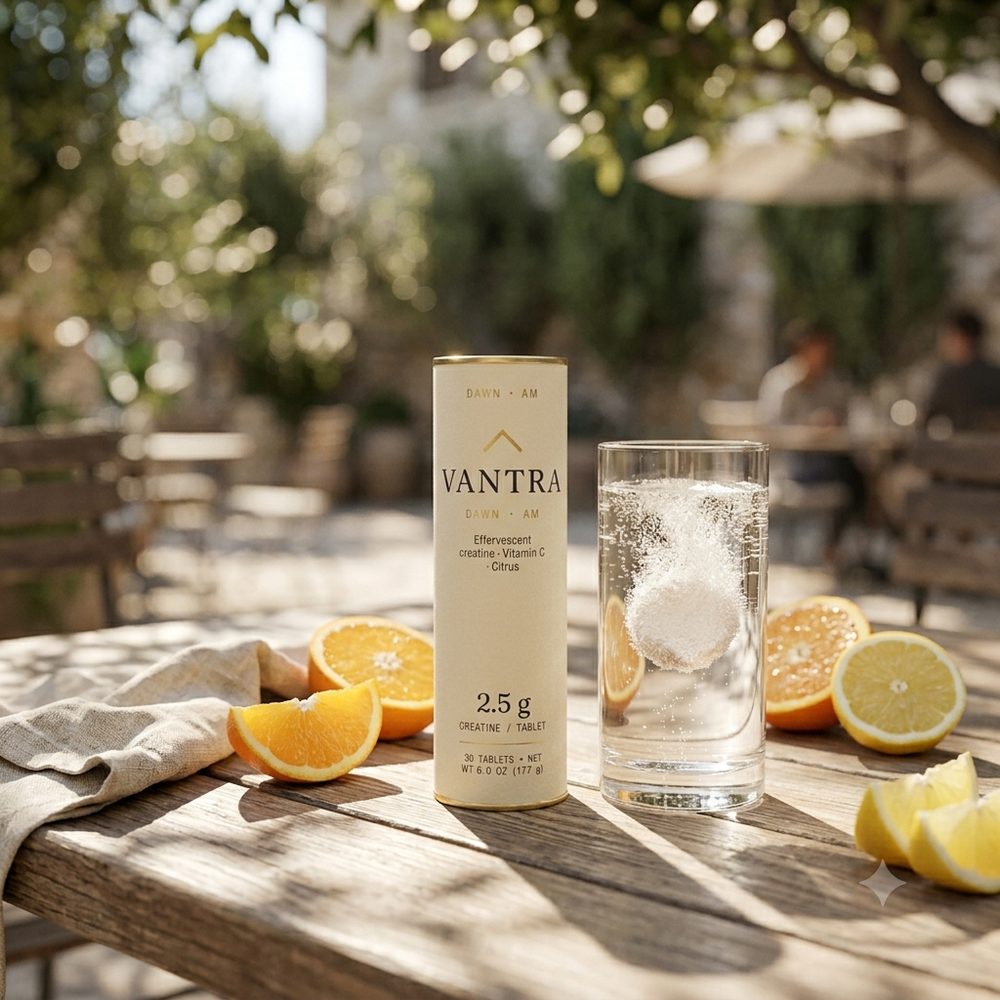 Vantra creatine drink outdoors on a patio