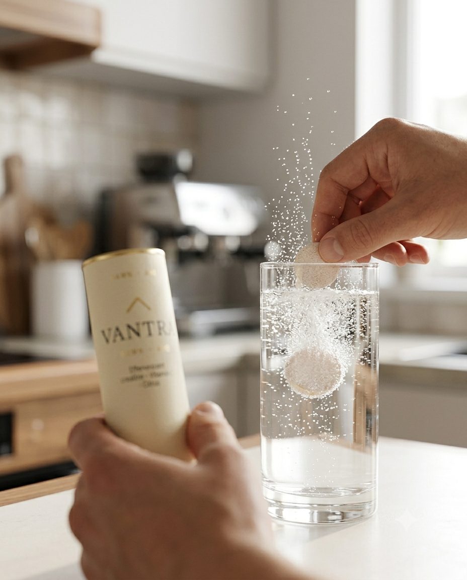Dropping a Vantra effervescent creatine tablet into a glass of water